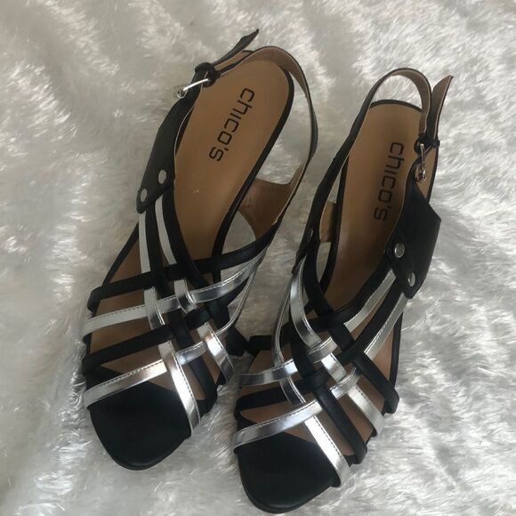 Shoes - Chico’s Black adn Silver traps heels size 10M